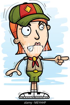 A cartoon illustration of a woman scout looking angry and pointing. Stock Vector