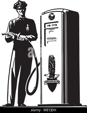 Gas Pump Attendant - Retro Clipart Illustration Stock Vector