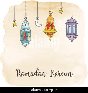 Hand drawn hanging arabic lanterns, moon and stars decoration on watercolor background. Vector illustration background for muslim community holy month Ramadan Kareem. Stock Vector