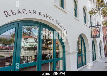 Exterior of the Ronald Reagan Ranch Center with a photograph of Ronald Reagan hanging outside the building to attract visitors. Stock Photo