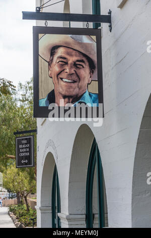 Exterior of the Ronald Reagan Ranch Center with a photograph of Ronald Reagan hanging outside the building to attract visitors. Stock Photo