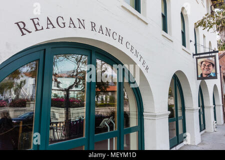 Exterior of the Ronald Reagan Ranch Center with a photograph of Ronald Reagan hanging outside the building to attract visitors. Stock Photo