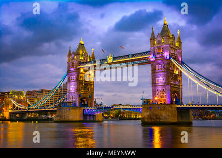 London, The United Kingdom of Great Britain: Night view of the Bridge Tower after sunset