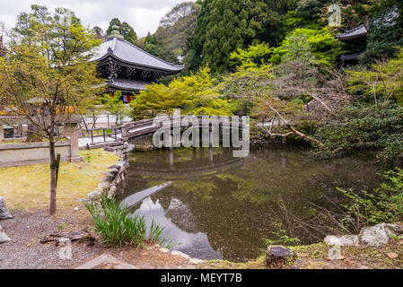 Nice pond with a bridge in the Chion-in Temple, Kyoto, Japan Stock Photo