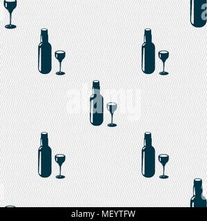 Bottle of wine and glass icon sign. Seamless pattern with geometric texture. Vector illustration Stock Vector