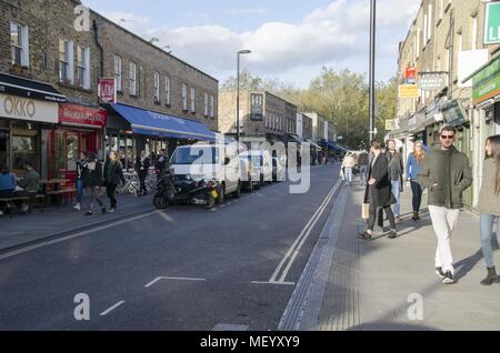 Stores and shoppers are visible at Broadway Market, a market in Hackney, East London, United Kingdom, October 29, 2017. () Stock Photo