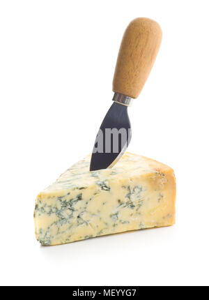 Tasty blue cheese with knife isolated on white background. Stock Photo