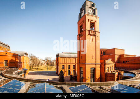 Old Brewery in Posen, Poland. View from one of the meeting rooms of the Hotel Blow Up Hall 5050 onto the central courtyard of the Stary Brewer. Here you will find cafes and restaurants, some of them covered, and in summer also outdoors Stock Photo