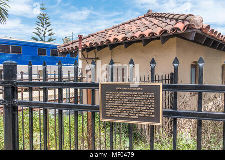 The 1910 Signalman's Building that served as a lounge, office and waiting area for the Southern Pacific Railroad's train crews who manually set the si Stock Photo