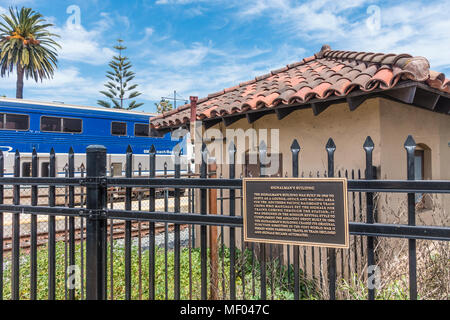 The 1910 Signalman's Building that served as a lounge, office and waiting area for the Southern Pacific Railroad's train crews who manually set the si Stock Photo