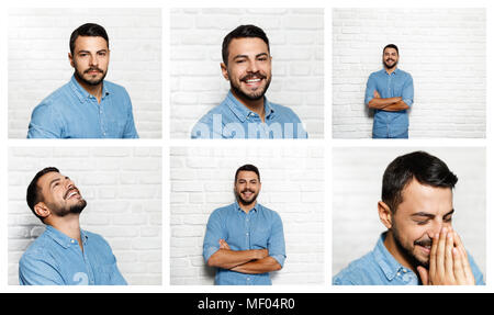 Facial Expressions Of Young Beard Man On Brick Wall Stock Photo