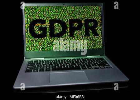 GDPR text outlined in database code on a laptop screen. Stock Photo