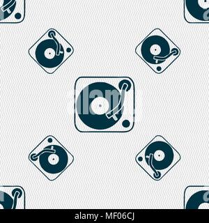 Gramophone, vinyl icon sign. Seamless pattern with geometric texture. Vector illustration Stock Vector
