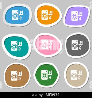 music column, disco, music, melody, speaker icon symbols. Multicolored paper stickers. Vector illustration Stock Vector