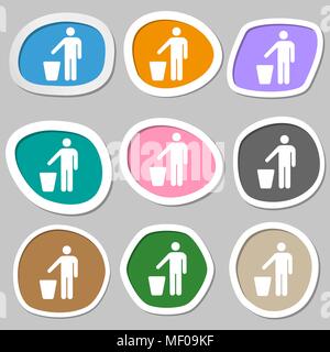 throw away the trash icon symbols. Multicolored paper stickers. Vector illustration Stock Vector