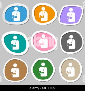 broken arm, disability icon symbols. Multicolored paper stickers. Vector illustration Stock Vector