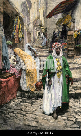 Street in the Arab quarter of Algiers, circa 1890. Hand-colored woodcut Stock Photo