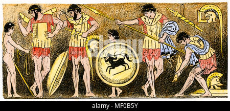 Greek warriors preparing for battle. Hand-colored woodcut from a vase painting Stock Photo