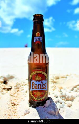 A close-up of a cool bottle of Banks Caribbean lager, placed on the sand with the sun shining above and blue sky in the background. Stock Photo