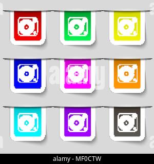 Gramophone, vinyl icon sign. Set of multicolored modern labels for your design. Vector illustration Stock Vector