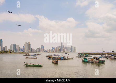 cityscape landscape, modern skyline and fisher boats, Panama City - Stock Photo