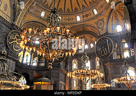 ISTANBUL, TURKEY - MARCH 30, 2013: Old chandeliers in Hagia Sophia basilica, Istanbul, Turkey Stock Photo