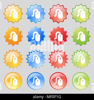Computer mouse  icon sign. Set from sixteen multi-colored glass buttons with place for text. Vector illustration Stock Vector
