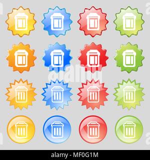 the trash icon sign. Big set of 16 colorful modern buttons for your design. Vector illustration Stock Vector