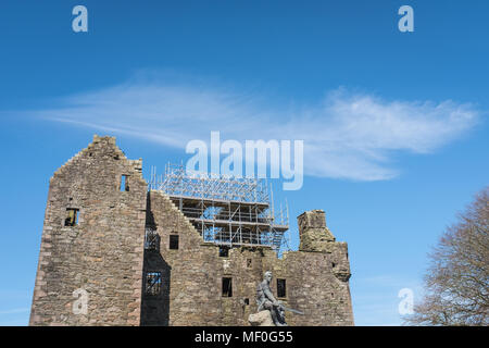 Looking upwards at MacLellan's Castle, Kirkcudbright, with scaffolding showing restoration work is in progress. Stock Photo