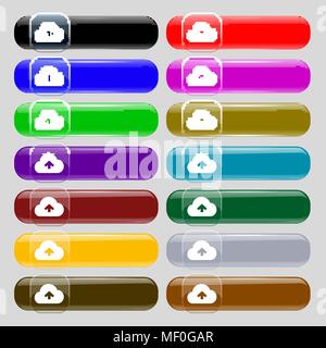 Upload from cloud  icon sign. Set from fourteen multi-colored glass buttons with place for text. Vector illustration Stock Vector
