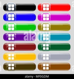 List menu, Content view options  icon sign. Set from fourteen multi-colored glass buttons with place for text. Vector illustration Stock Vector