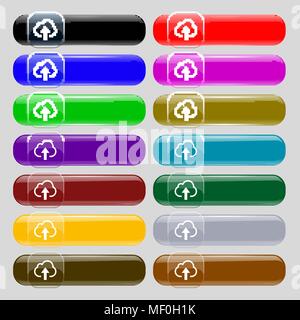 Upload from cloud  icon sign. Set from fourteen multi-colored glass buttons with place for text. Vector illustration Stock Vector