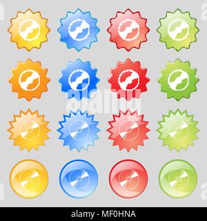 Cd, DVD, compact disk, blue ray icon sign. Set from fourteen multi-colored glass buttons with place for text. Vector illustration Stock Vector