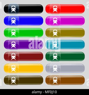 train icon sign. Set from fourteen multi-colored glass buttons with place for text. Vector illustration Stock Vector