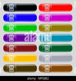 the trash icon sign. Set from fourteen multi-colored glass buttons with place for text. Vector illustration Stock Vector