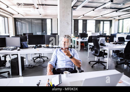Mature businessman sitting at desk in office using smartphone Stock Photo