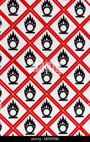 A sheet of the CLP Regulation/GHS chemical warning labels for oxidising. (Symbol: flame over circle) materials. Stock Photo