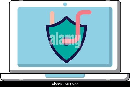 laptop computer with shield and worm virus Stock Vector