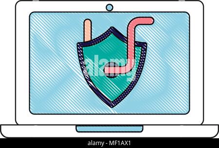 laptop computer with shield and worm virus Stock Vector