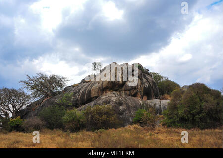 Beautiful Serengeti landscape. A rocky kopje stands in golden grassland with grey storm clouds overhead Stock Photo