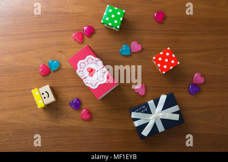 gift boxes on wooden table Stock Photo