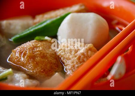 Yong Tau Foo. Chinese dish of stuffed bean curd, vegetable and fish cakes in hot broth. Stock Photo