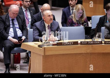 United Nations, New York, USA, April 23, 2018 - Mevlut Cavusoglu, Minister for Foreign Affairs of Turkey, addresses the Security Council meeting on the maintenance of international peace and security, with a focus on youth today at the UN Headquarters in New York City. Photo: Luiz Rampelotto/EuropaNewswire | usage worldwide Stock Photo