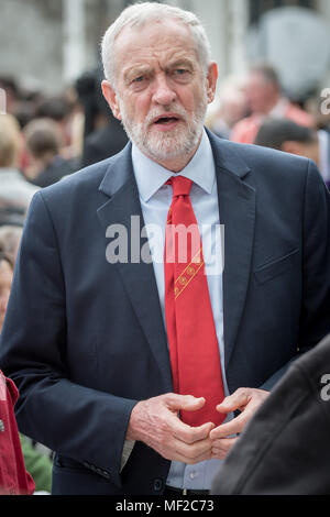 London, UK. 24th April, 2018. Labour leader, Jeremy Corbyn MP, attends the unveiling ceremony of Millicent Fawcett in Parliament Square. The first statue of a woman in Parliament Square joins the line-up of male figures to mark the centenary of women’s suffrage in Britain - two years after the campaign to get female representation outside the Palace of Westminster began. Credit: Guy Corbishley/Alamy Live News Stock Photo