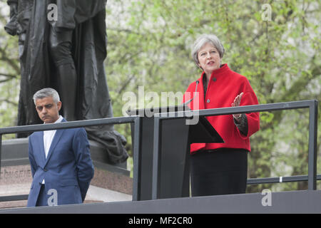 London UK. 24th April 2018.British Prime Minister Theresa May attends  the unveiling ceremony in Parliament Square  along with London Mayor Sadiq Khan  for Suffragist  leader Millicent Fawcett who campaign for Women rights with the first statue of a woman in Parliament Square Credit: amer ghazzal/Alamy Live News Stock Photo