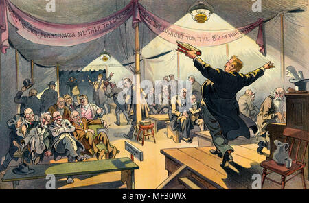 The Republican evangelist -  Illustration shows Theodore Roosevelt as an evangelist preaching from 'My Policies' in a tent with 'Sherman, Cannon, Aldrich, Ballinger, Aldridge, Barnes, and Woodruff' sitting on the left, and 'Depew, Lodge, and Odell' sitting on the right, and 'Crane', who had been sitting on this side, has gotten up and is walking out. 'Beveridge' is standing in the back at the entrance to the tent, and Dr. Abbott is next to Roosevelt, playing a piano. Across the tent hangs a banner that states: 'Watch, therefore, for ye know neither the day nor the hour, but look out for the 8t Stock Photo