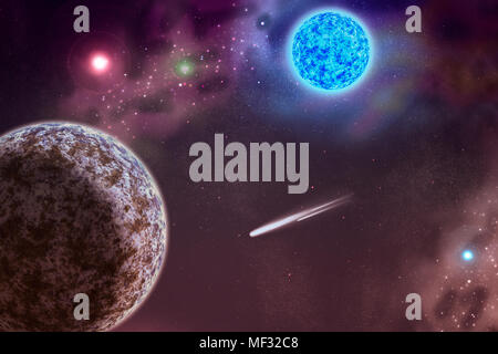 Purple  galaxy background with planets, stars and comet Stock Photo