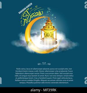 Realistic Ramadan lantern Fanus with star sparkle and realistic clouds and Ramadan Kareem calligraphy. Illustrated vector. Stock Vector