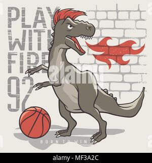 Dinosaur playing basketball. Vector illustration of a tyrannosaur playing a ball. Kids T-shirt graphics on the theme of sport. Inspirational motivatio Stock Vector