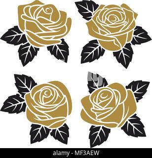 Silhouettes of  golden roses isolated on white background. Use for fabric design, tattoo, pattern and decorating greeting cards and invitations Stock Vector